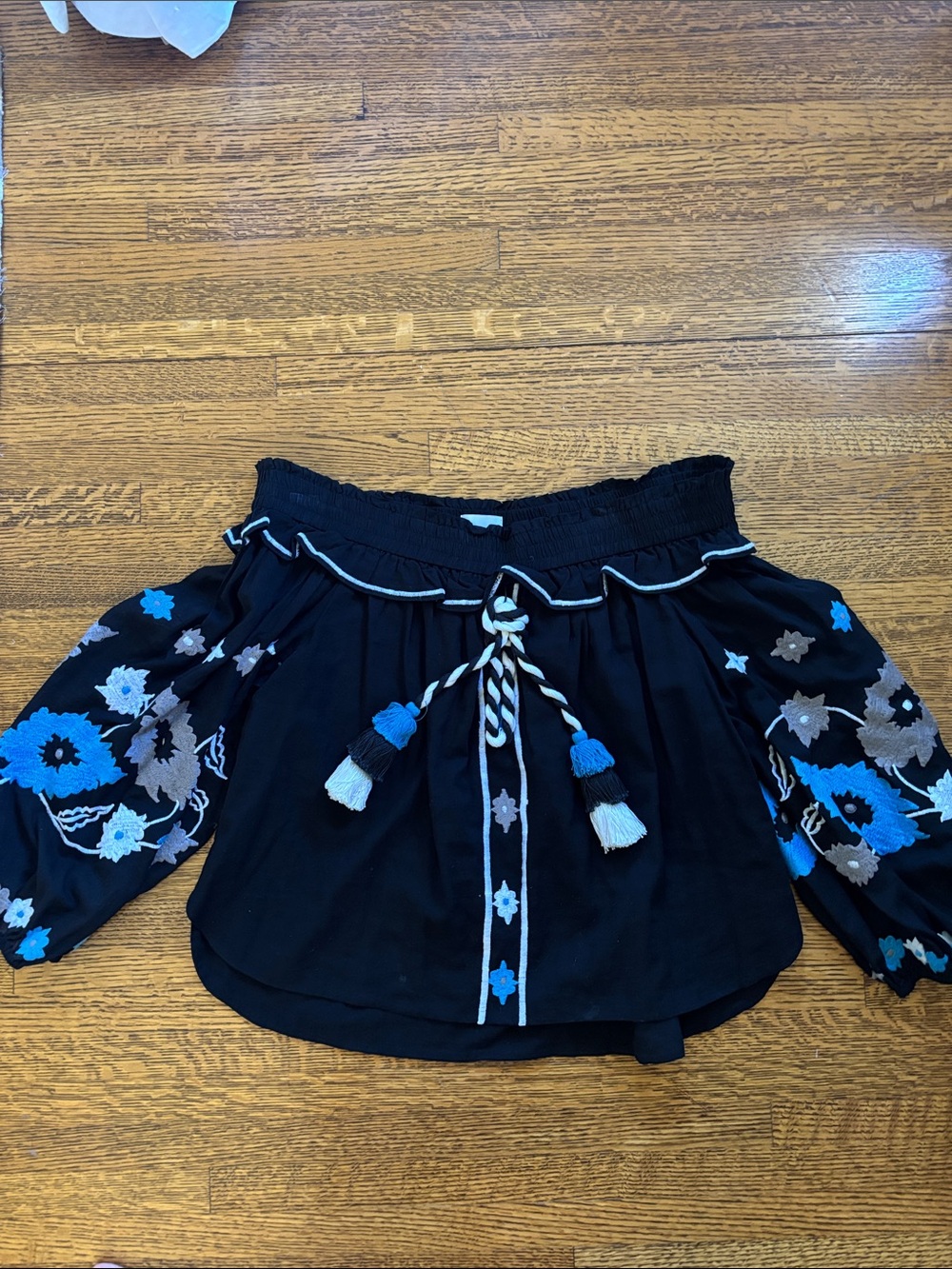 Misa Los Angeles Black Off-Shoulder Blouse with Blue & Tan Floral Embroidery